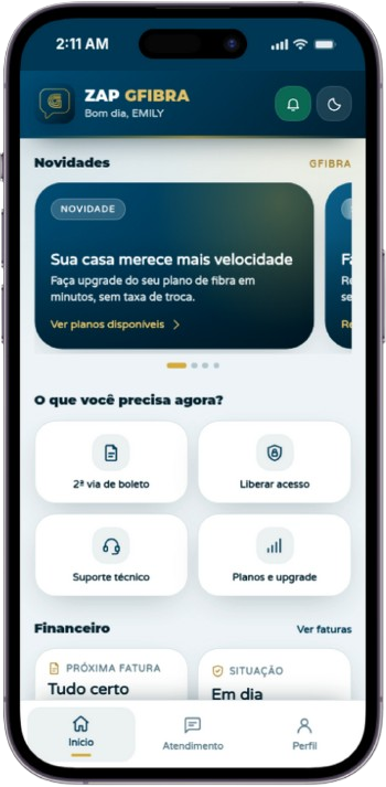 Tela inicial do ZAP GFibra no celular