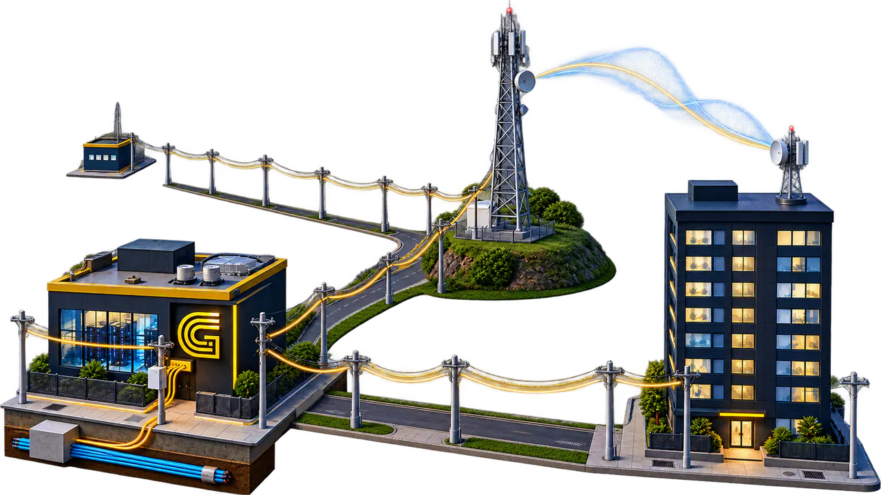 Ilustração da infraestrutura GFibra: a Central, a Torre Homologada e o prédio da empresa ligados por rotas de fibra aérea, rota subterrânea e rádio licenciado.