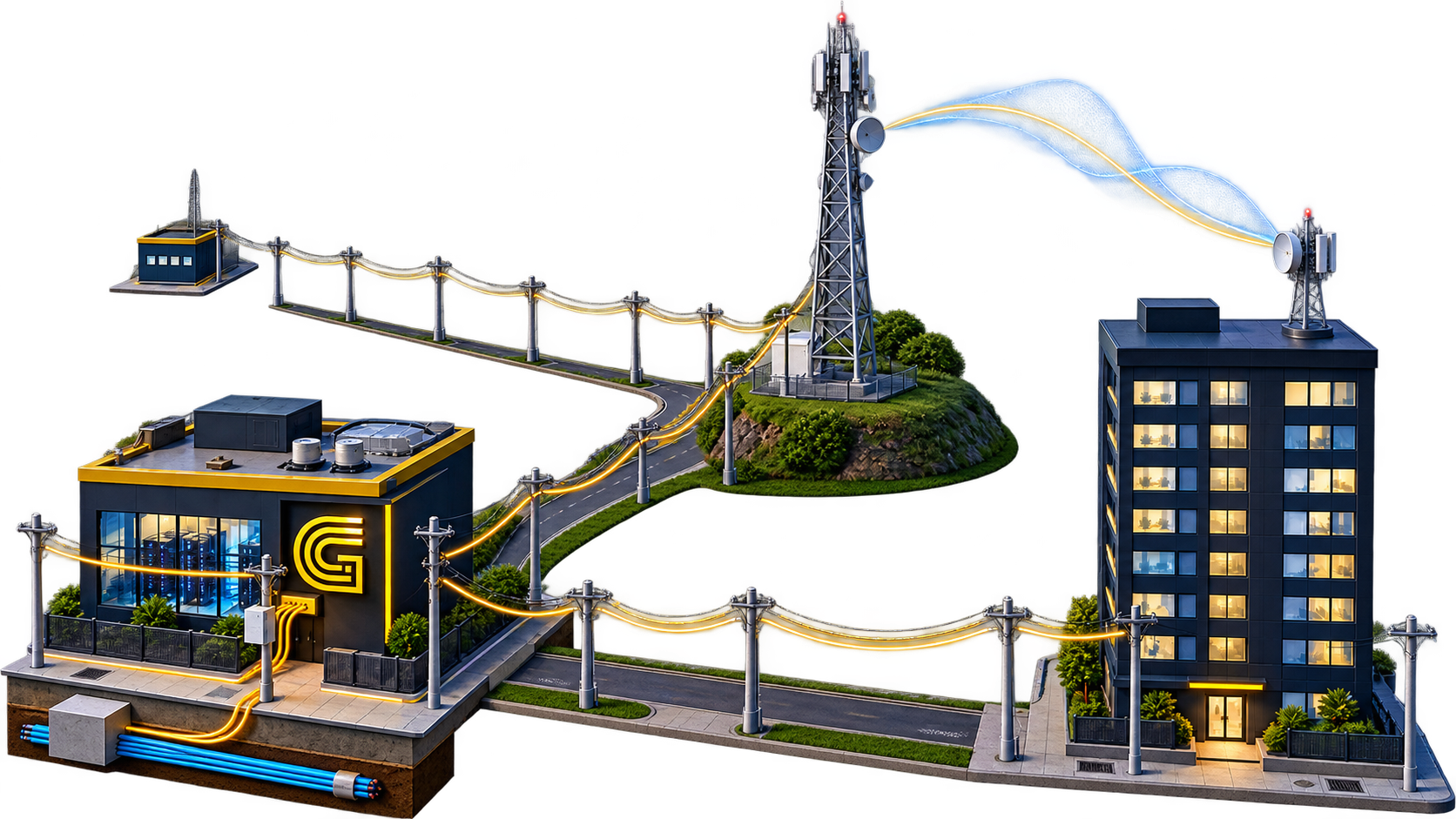 Diagrama da infraestrutura do Link Dedicado GFibra: a Central GFibra recebe fibra pela Rota Aérea 1 e pela Rota Subterrânea; a Torre Homologada é atendida pela Rota Aérea 2 e pela interligação com a Central; a empresa recebe a Rota A, fibra óptica aérea pelos postes, e a Rota B, rádio licenciado a partir da torre.